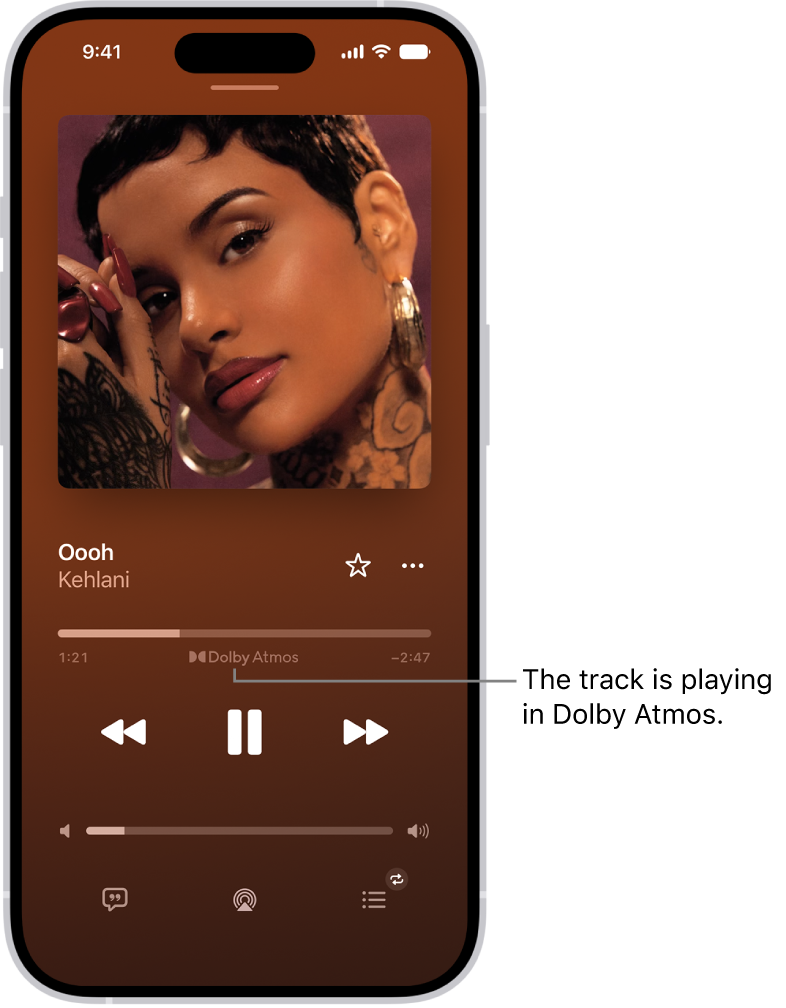 The Now Playing screen showing the Dolby Atmos icon for the track that’s playing.