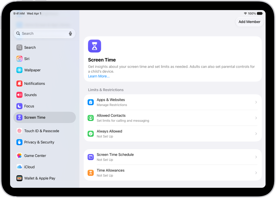 「設定」中的「螢幕使用時間」影像，其中有設定「螢幕使用時間排程」、「使用時限」等選項。