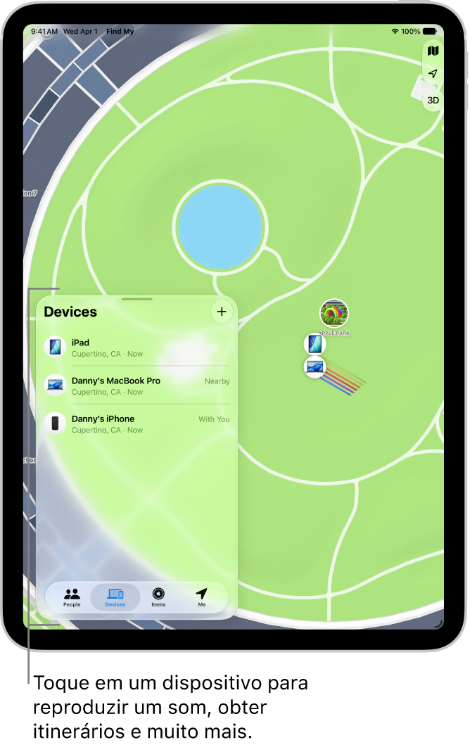 Tela do app Buscar mostrando vários dispositivos que compartilham suas localizações.