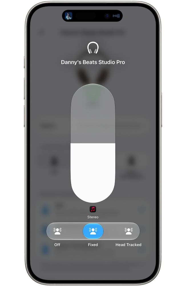 The volume screen in Control Center showing the volume level for Beats&nbsp;Fit&nbsp;Pro and options for Spatial Audio.
