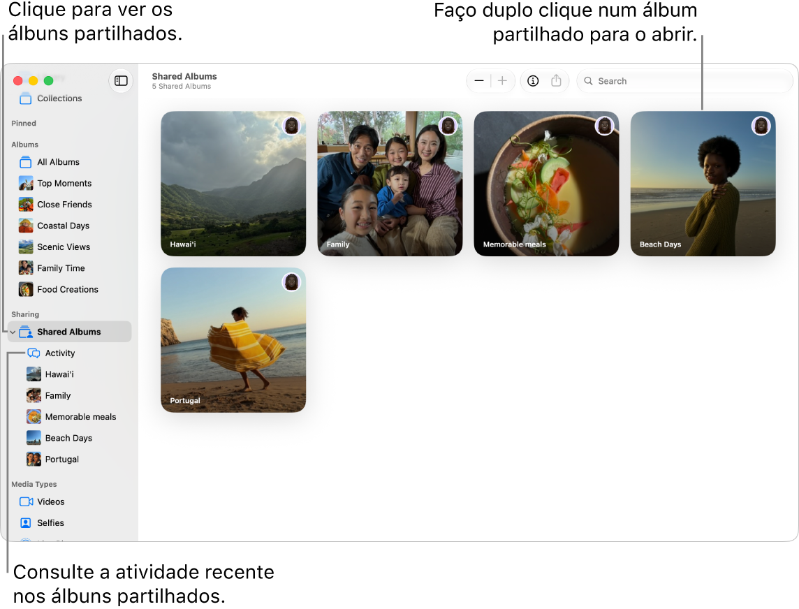 A janela da aplicação Fotografias com a opção “Álbuns partilhados” selecionada na barra lateral e álbuns partilhados apresentados à direita.