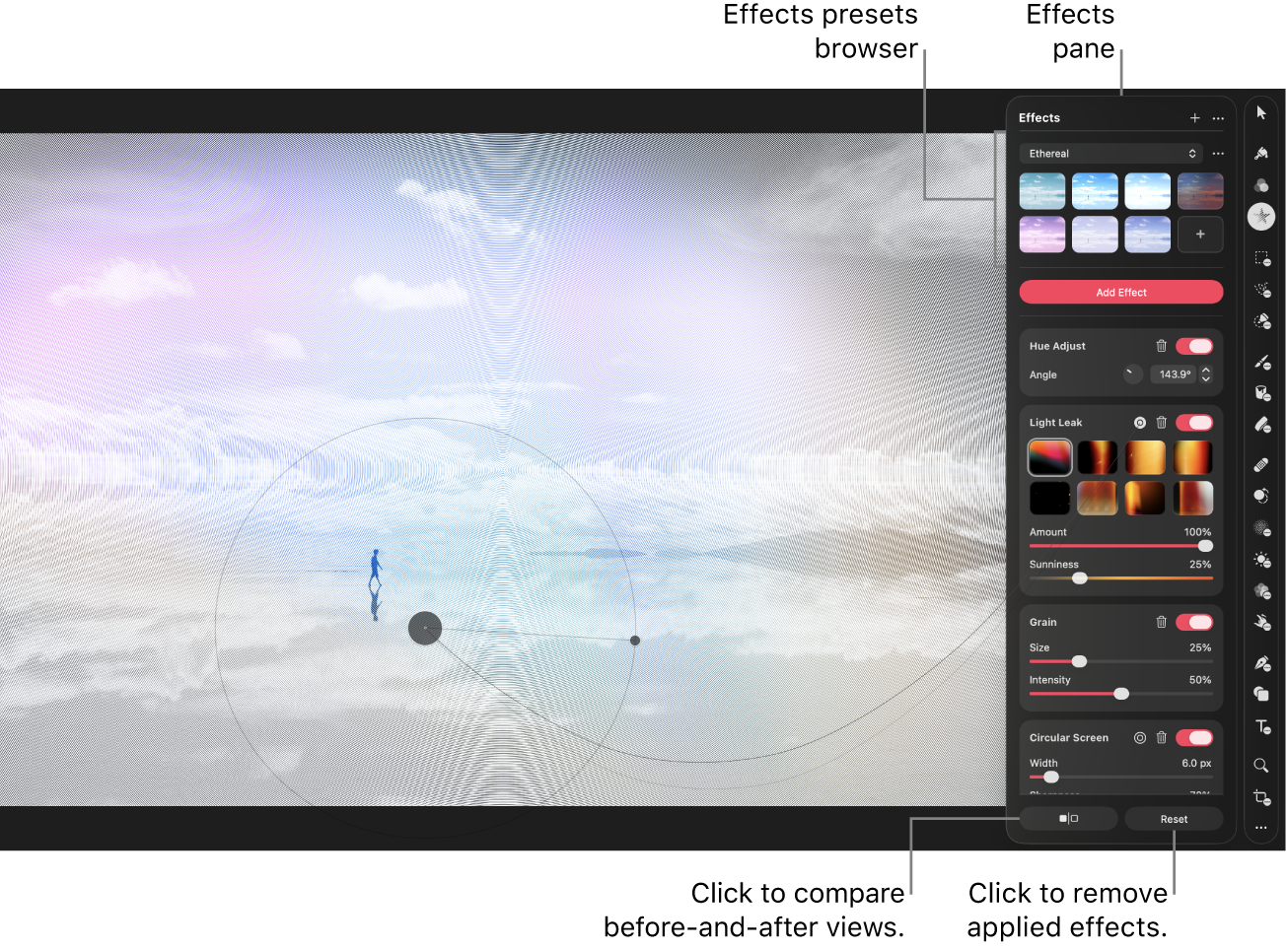 A photo in the canvas with an effects preset applied, and the Effects pane on the right.