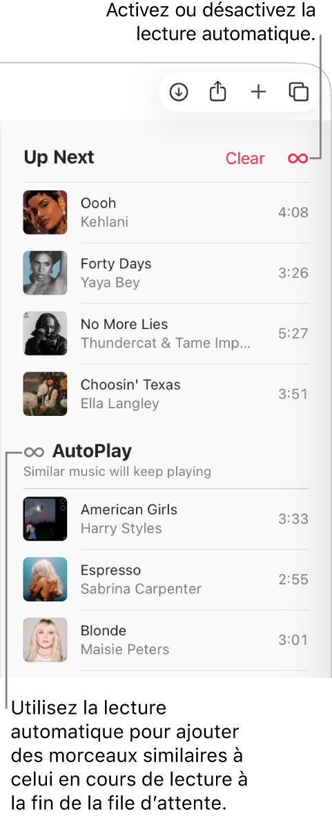 La file d’attente en haut d’Apple&nbsp;Music, avec les boutons Effacer et «&nbsp;Lecture automatique&nbsp;». La lecture automatique est activée.