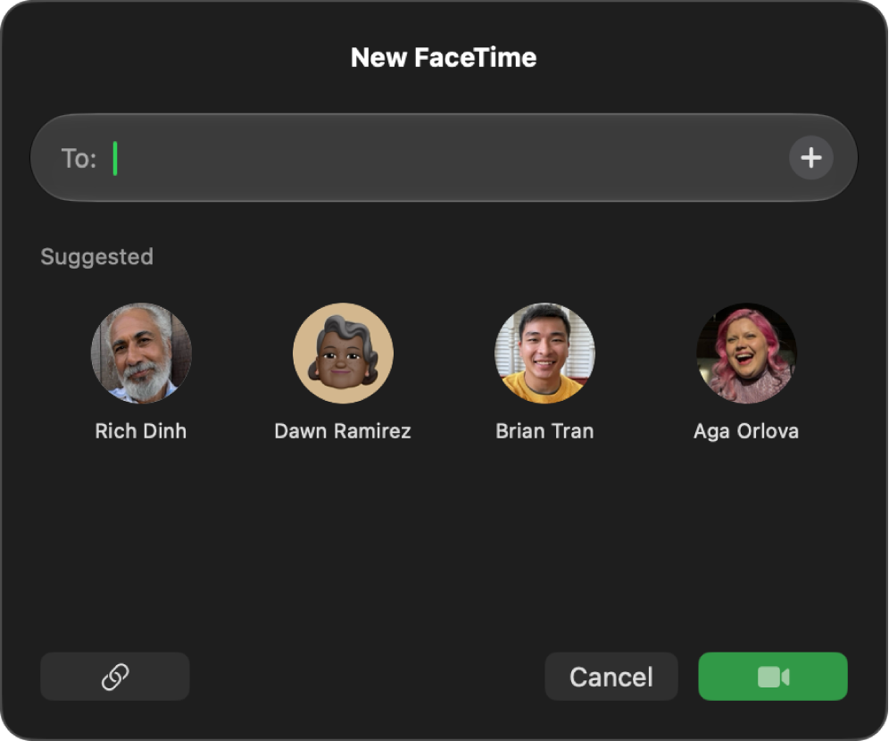 The New FaceTime window—enter callers directly into the To field or choose them from Suggested.