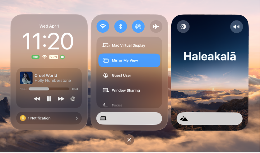 Control Center on Apple&nbsp;Vision&nbsp;Pro, with the battery level showing on the left.