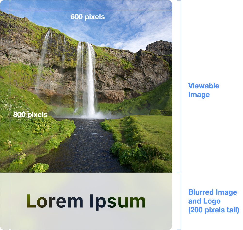 A cover image that shows the allowable dimensions. A horizontal line appears near the top with the words “600 pixels” below. To the left is a vertical line with the words “800 pixels” to its right. The words “Viewable image” appear to the right of the cover image. Near the bottom of the image a callout reads “Blurred Image and Logo (200 pixels tall).”