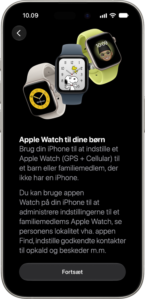 Skærmen Indstil et Apple Watch til dit barn viser muligheden for at fortsætte indstillingen.