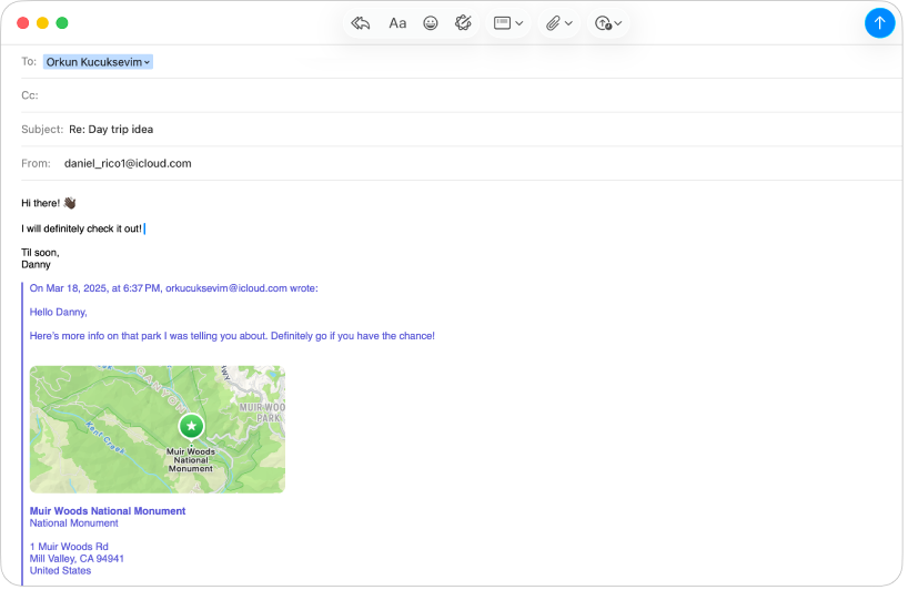 A Mail window showing a reply to a message.