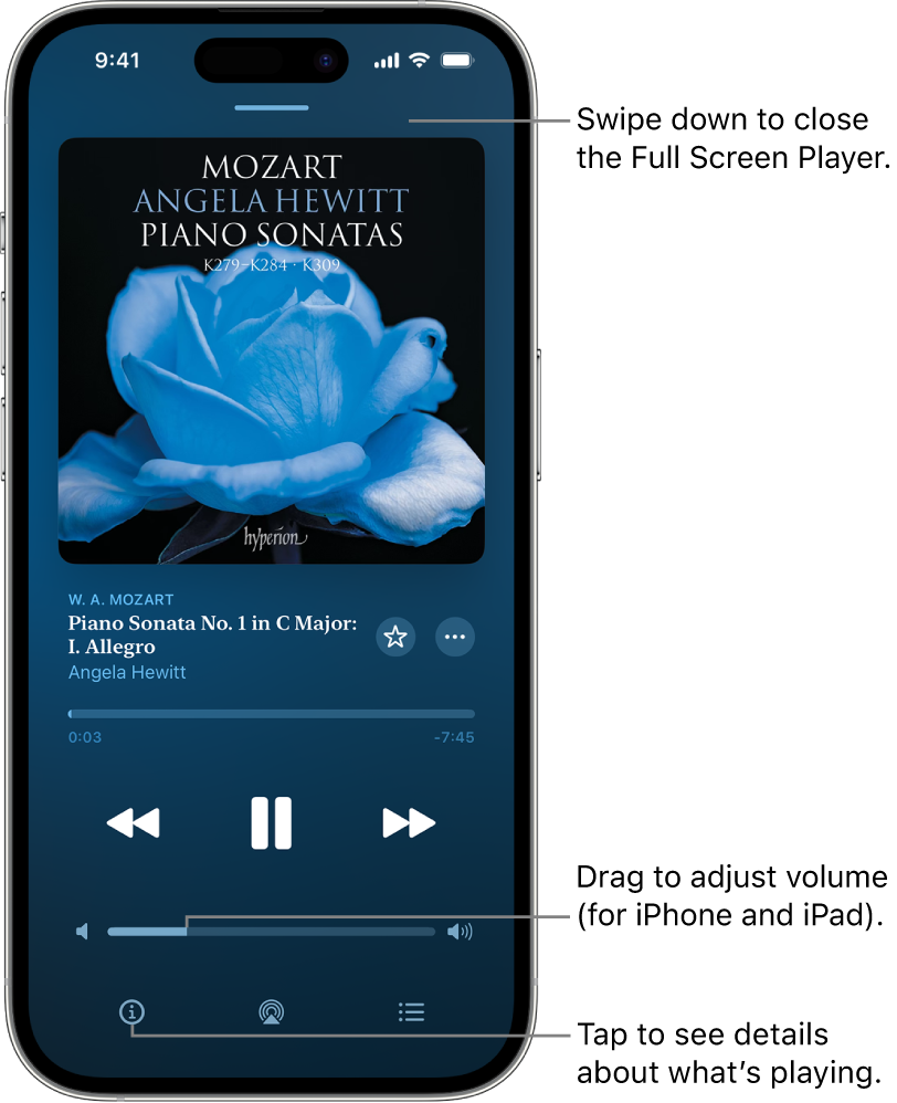 An iPhone showing the Now Playing screen in Apple Music Classical. At the top of the screen is a gray bar that you tap to hide the Now Playing screen and switch back to the MiniPlayer. Beneath the bar is album art, the name of the work, and the timeline, which shows the length of the track and how much time has elapsed. In the lower part of the screen are the Skip Backward, Pause, and Skip Forward buttons, the volume control, and the Info, AirPlay, and Playing Next buttons.