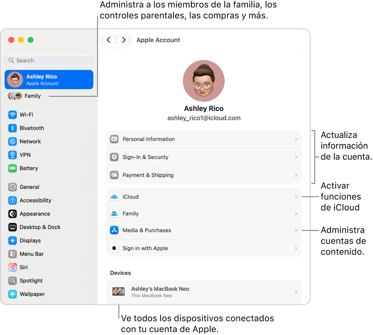 La configuración de la cuenta de Apple en Configuración del Sistema con opciones para actualizar la información de la cuenta, activar o desactivar las funciones de iCloud, administrar las cuentas de contenido, y ajustar la configuración de Familia, donde se pueden administrar familiares, controles parentales, compras y más.