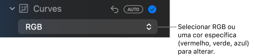 Os controlos de curvas no painel Ajustar com a opção RGB selecionada no menu pop‑up.
