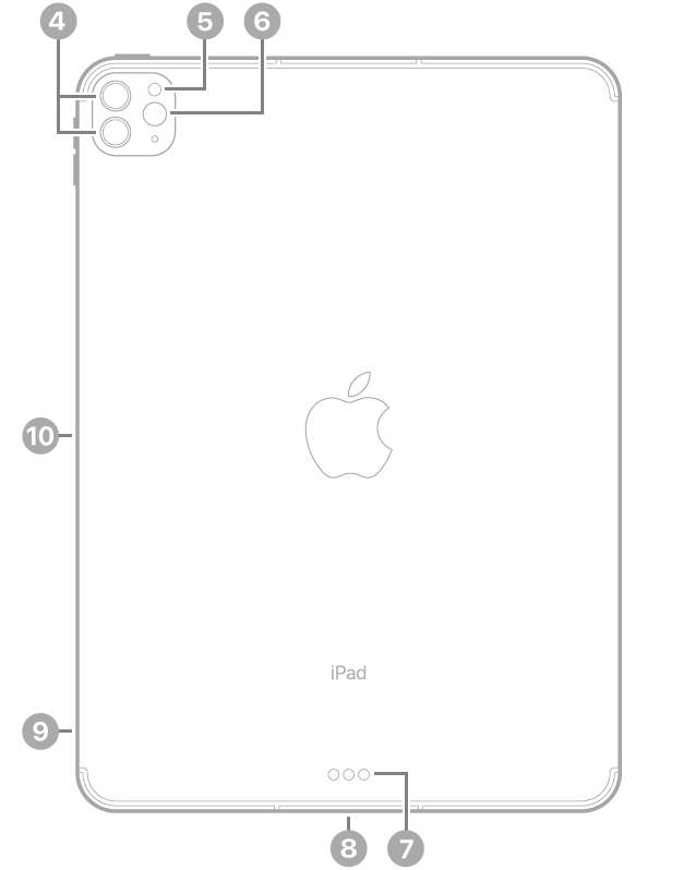 عرض للجزء الخلفي من iPad Pro مع وسائل شرح للكاميرات الخلفية والفلاش في أعلى اليسار، والموصل الذكي وثندربولت&nbsp;/&nbsp;USB&nbsp;4 في أسفل الوسط، وحامل الشريحة (في طرز Wi-Fi&nbsp;+&nbsp;خلوي) في أسفل اليسار، والموصل المغناطيسي لقلم Apple على اليسار.