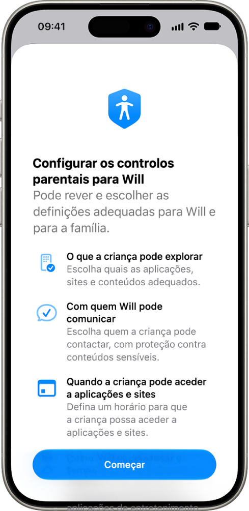 O ecrã de configuração dos controlos parentais com opções para começar.