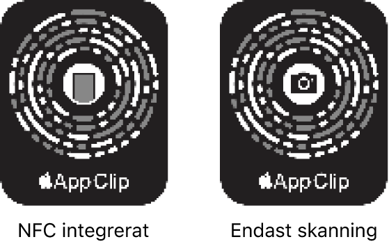 Till vänster finns en NFC-integrerad kod för appklipp med en iPhone-symbol i mitten. Till höger finns en NFC-kod som endast går att skanna med en kamerasymbol i mitten.