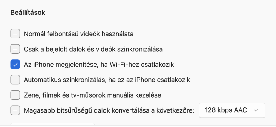 A tartalmak kezelésére szolgáló szinkronizálási beállítások.