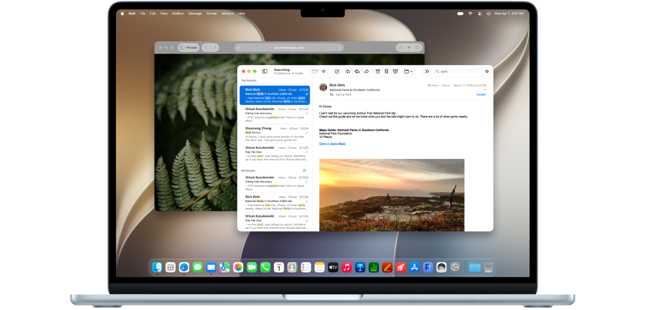 A MacBook Air screen with a Mail app window and a Safari app window open.