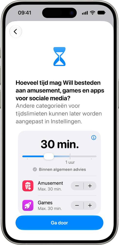 Het configuratiescherm voor ouderlijk toezicht met daarin de hoeveelheid tijd die is toegestaan in appcategorieën zoals 'Sociale media' en 'Amusement'.