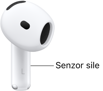Mesto senzorja sile na slušalkah AirPods&nbsp;4 vzdolž ročic obeh slušalk AirPods.