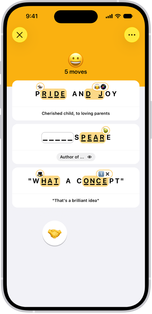 The Emoji Game, showing the number of moves, two emoji placed as answers, and one about to be placed in an unanswered spot.