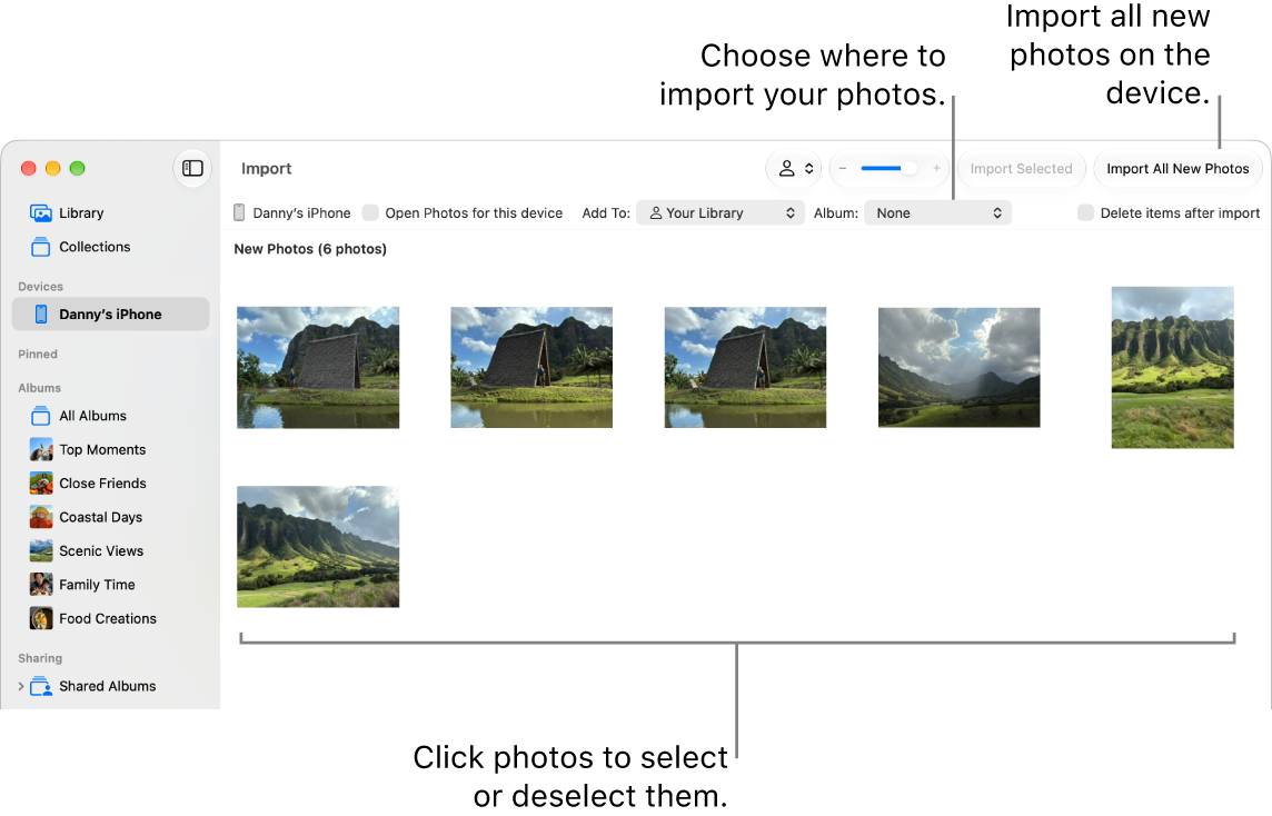 The Import window in Photos on Mac showing new photos on a device. At the top center is the Album pop-up menu. Import buttons are at the top right.