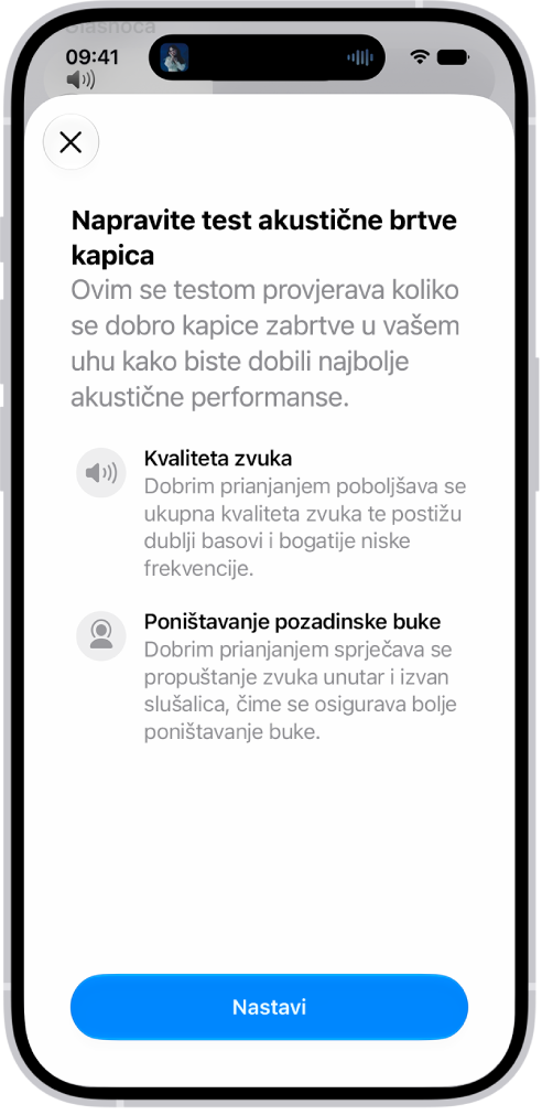 Zaslon iPhonea prikazuje test za mjerenje akustične brtve slušalica AirPods Pro 3.