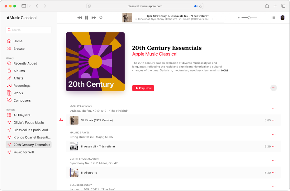 The Apple Music Classical window in Safari with a playlist showing multiple works and a track playing at the top of the screen.