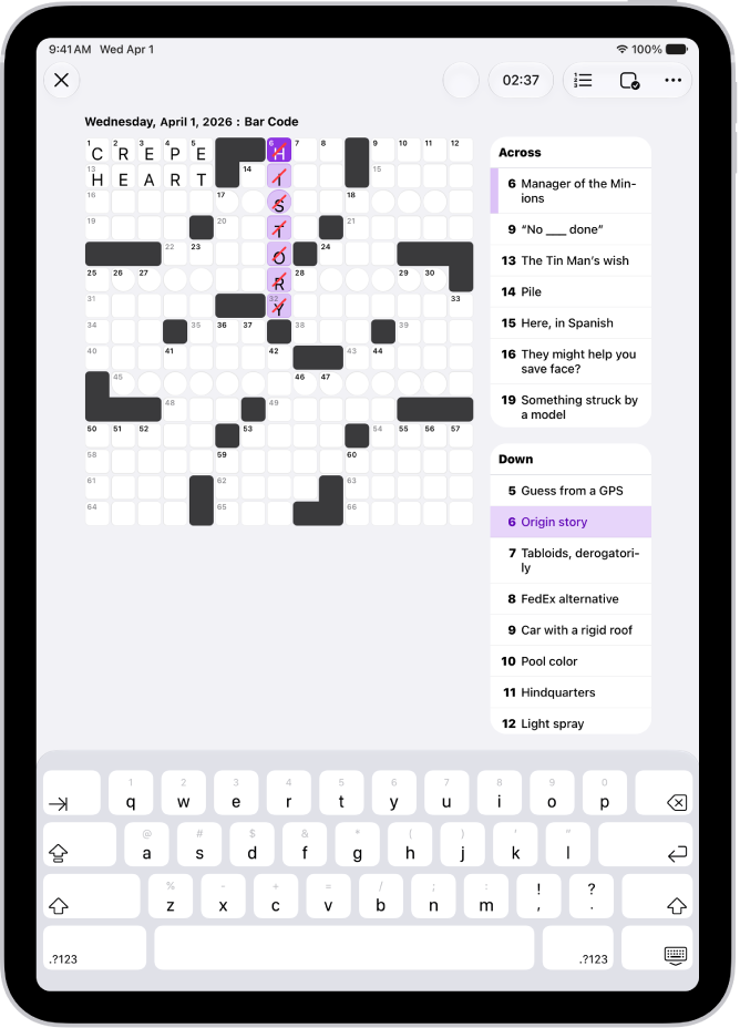 A partially filled crossword puzzle, with the clues along the left side.