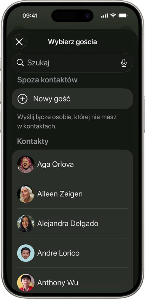 Ekran Wybierz gościa oraz lista kontaktów na iPhonie.