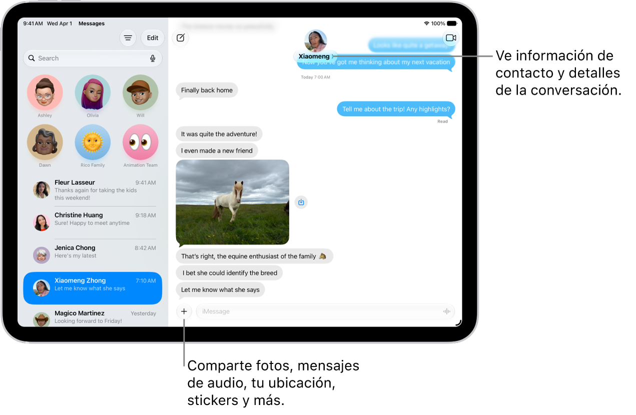 La lista de conversaciones de Mensajes a la izquierda y una transcripción a la derecha. En la parte superior, al tocar el ícono del contacto se abren los detalles de la conversación.
