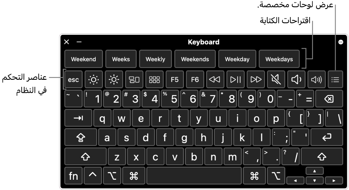 لوحة مفاتيح تسهيلات الاستخدام مع اقتراحات الكتابة في الجزء العلوي. فيما يلي صف من الأزرار الخاصة بعناصر التحكم في النظام للقيام بأشياء مثل ضبط سطوع شاشة العرض وإظهار لوحات مخصصة.