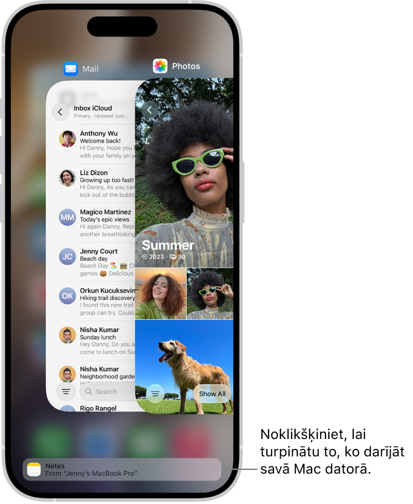 App Switcher iPhone tālrunī, ekrāna apakšā parādot paziņojumu par nodošanu.