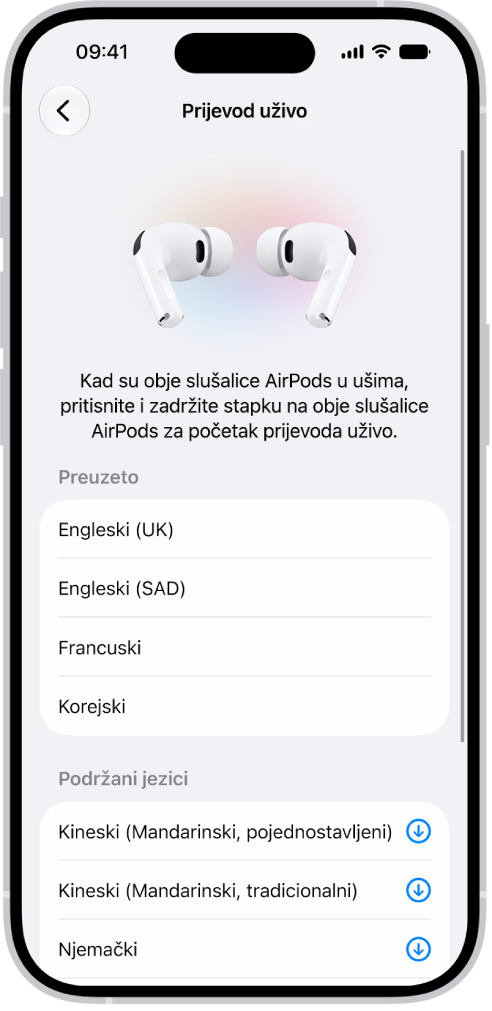 Zaslon Jezika u postavkama AirPods prijevoda s prikazo preuzetih i podržanih jezika.