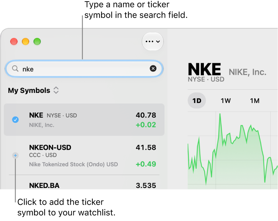 A search in Stocks with two possible matches at the top of the search results.