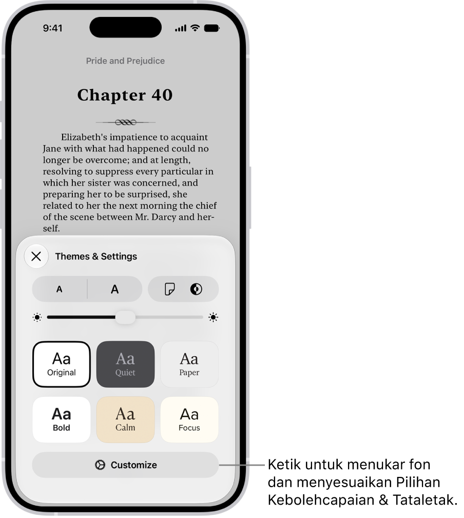 Halaman buku dalam app Buku. Pilihan Tema & Seting menunjukkan kawalan untuk saiz fon, paparan penskrolan, gaya selak halaman, kecerahan dan gaya fon.