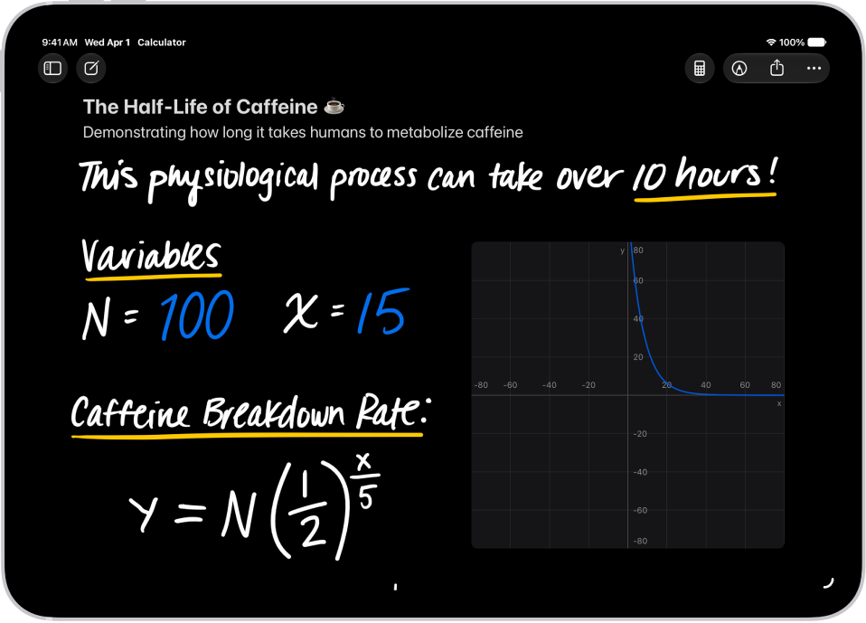 A Math Note open in Calculator, with a declared variable, an equation, and a graph.