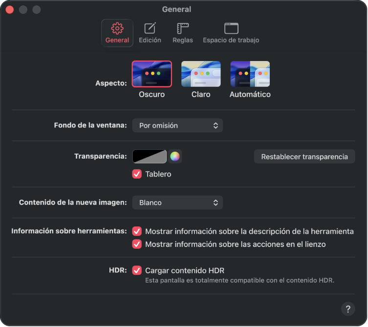 El panel de ajustes General.