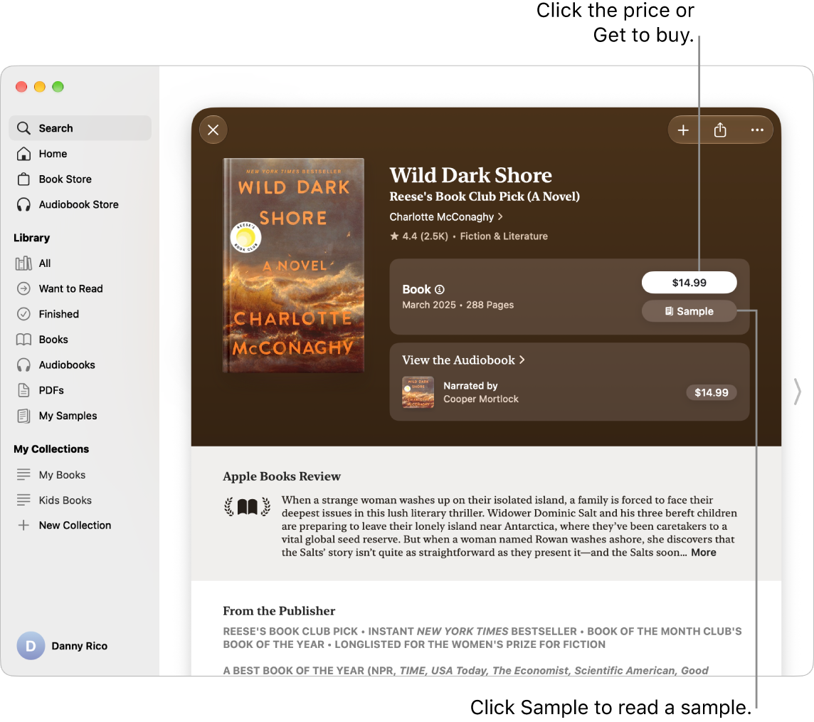 A window showing a book in the Book Store of the Books app. On the right, the book’s page is displayed with options to buy the book or audiobook or to read a sample. The window also shows reviews and a note from the publisher.
