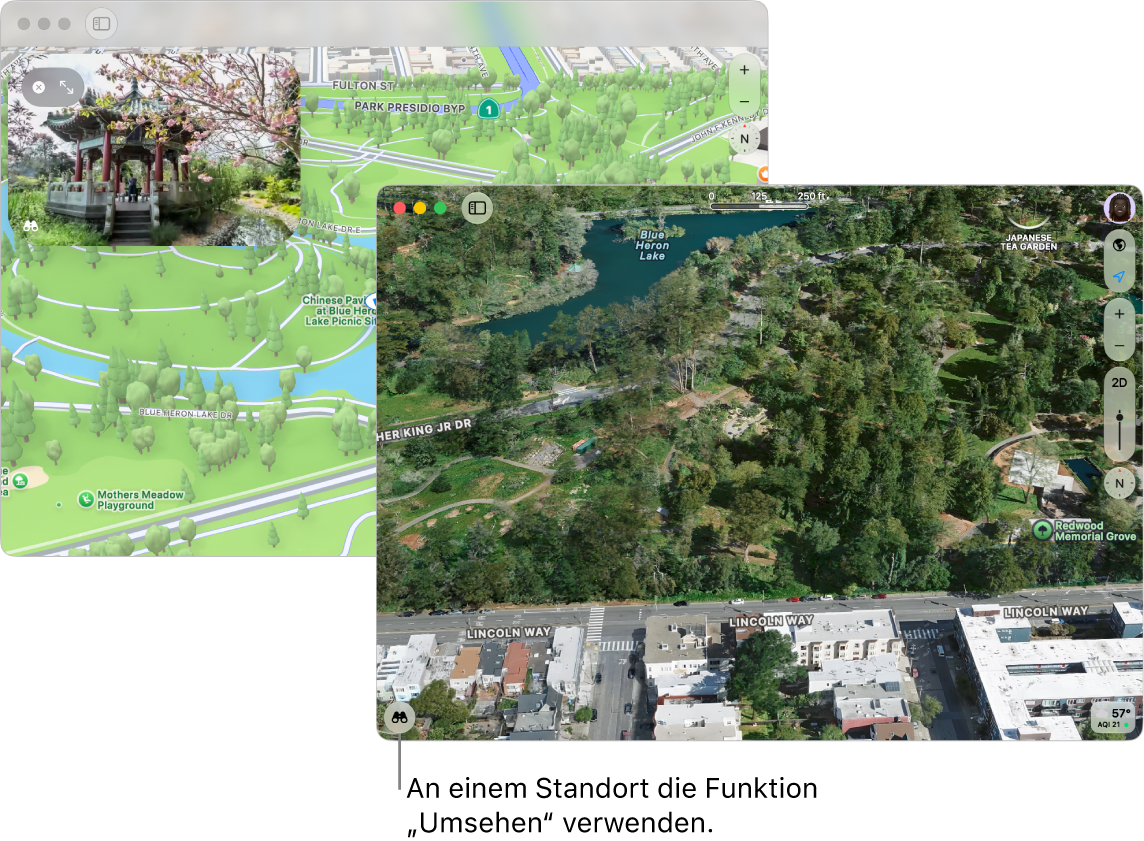 Eine interaktive 360°-Darstellung einer Attraktion in San Francisco, mit einer 3D-Karte in der unteren rechten Ecke.