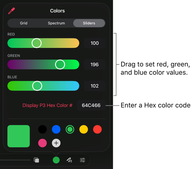 The Colors dialog showing a sliders to select colors.