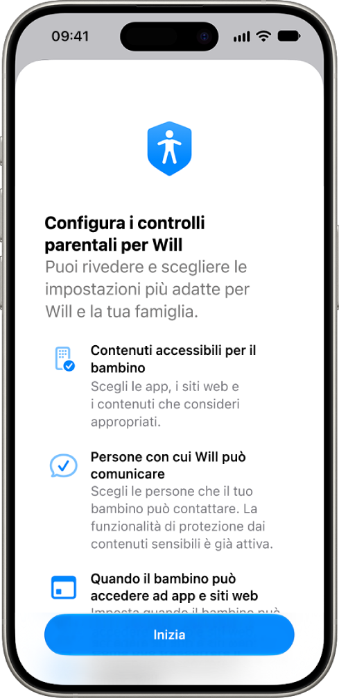 Schermata di configurazione dei controlli parentali con le opzioni per iniziare.