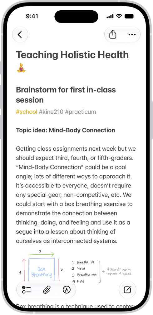 A note for a class brainstorm with tags such as #school and #kine210. The note features a hand-drawn diagram of a box breathing exercise, which illustrates a four-step breathing cycle.