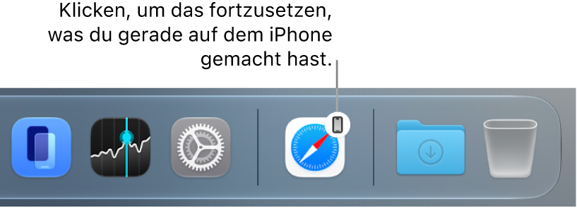 Das Symbol „Handoff“ ist im Dock auf einem Mac sichtbar.