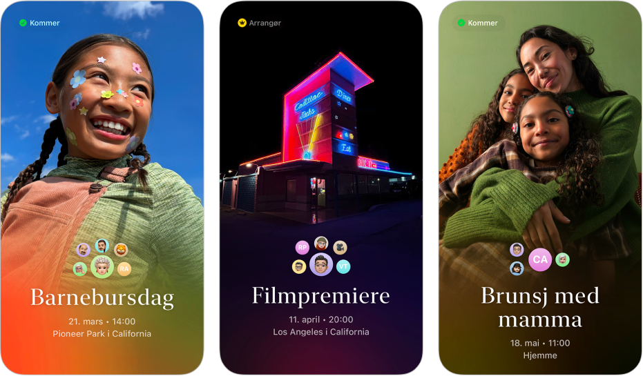 Tre invitasjoner fra Apple Invitasjoner. Hver av dem har et bakgrunnsbilde, et navn, en dato, et klokkeslett og et sted.
