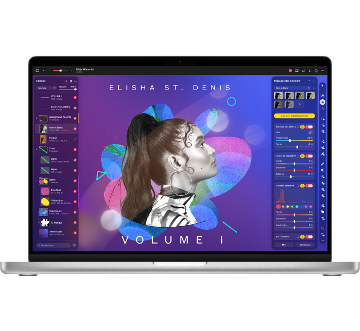 Un MacBook Pro affichant la fenêtre de l’app Pixelmator Pro.