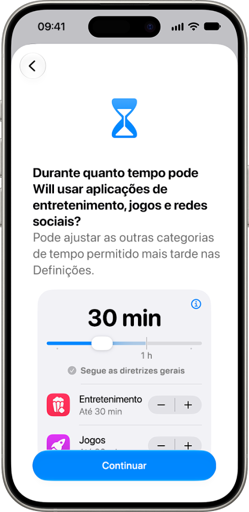 O ecrã de configuração do controlo parental, com a quantidade de tempo permitida nas categorias de aplicações, como “Redes sociais” e “Entretenimento”.