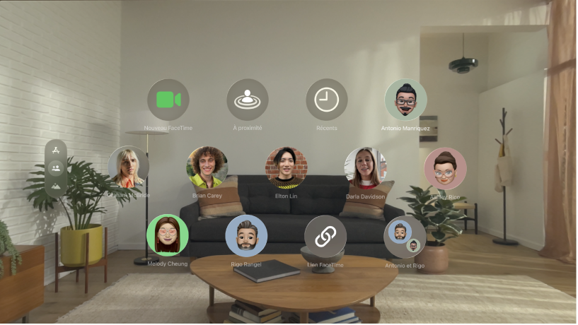 Vue Personnes sur l’Apple&nbsp;Vision&nbsp;Pro, affichant des contacts et l’option permettant de lancer un appel FaceTime.
