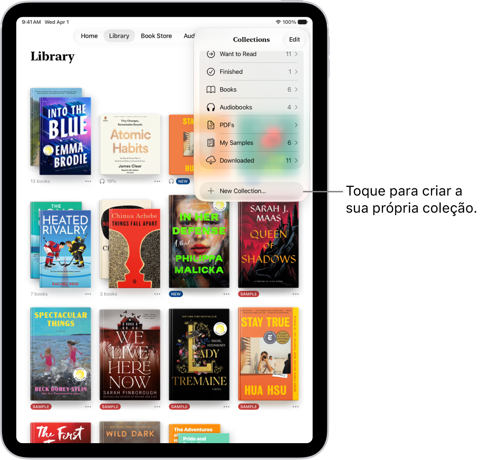 O ecrã Biblioteca na aplicação Livros. O menu Coleções está aberto na parte superior do ecrã e mostra opções, como “Audiolivros” e “PDF”.