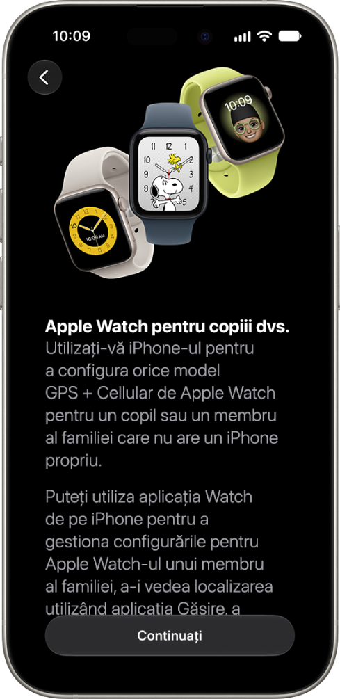 Ecranul „Configurarea unui Apple&nbsp;Watch pentru copil”afișând opțiunea de a continua configurarea.
