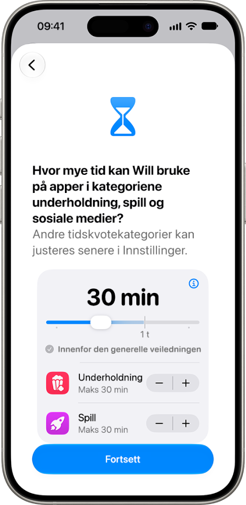 Skjermen for oppsett av foreldrekontroll viser hvor mye tid som er tillatt i appkategorier som sosiale medier og underholdning.