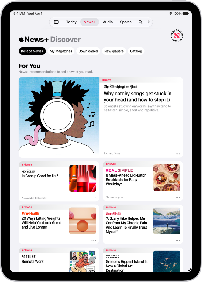 La page Discover d’Apple&nbsp;News+. Dans la barre d’onglets, News+ est sélectionné. En dessous, la catégorie «&nbsp;Best of News+&nbsp;» est sélectionnée.